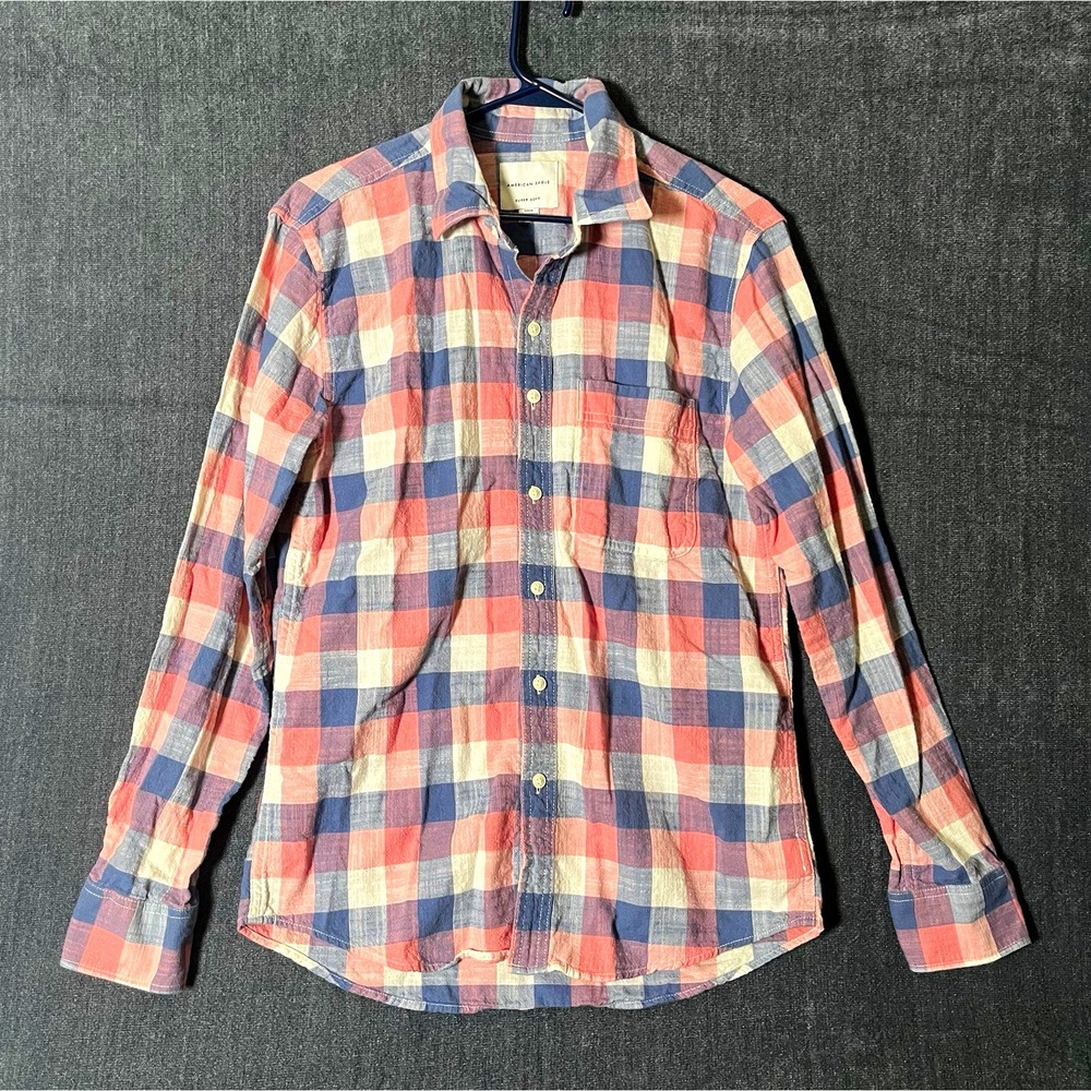American Eagle Outfitters Super Soft Shirt Mens S Plaid Blue Pink Pockets